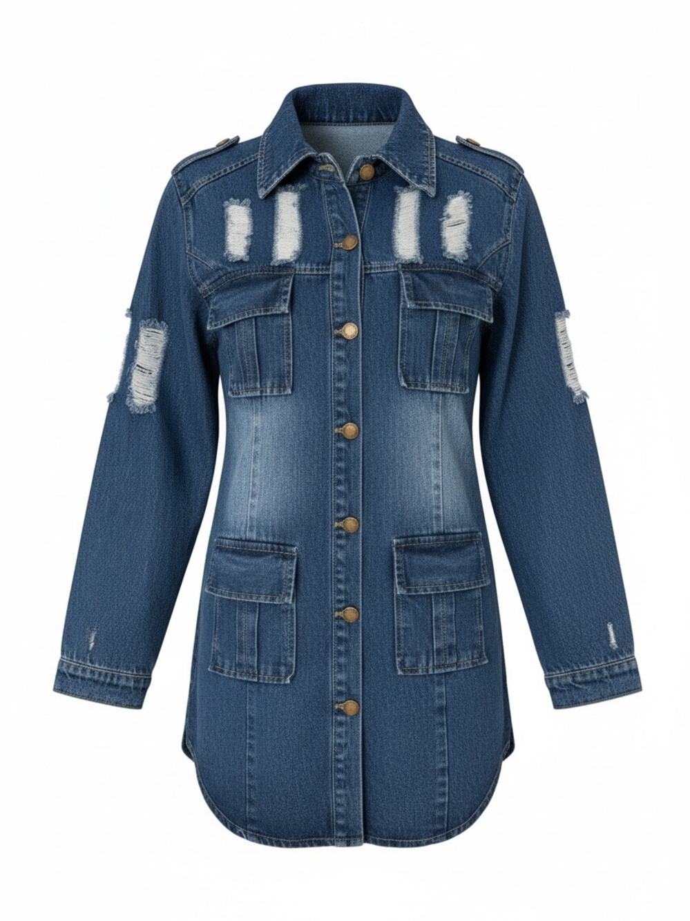 Tanming Women Casual Intentionally Distressed Long Denim Jacket Size L-NWOT